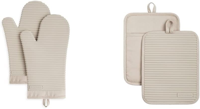 KitchenAid Ribbed Soft Silicone Oven Mitt and Pot Holder Set, Milkshake, 7"x13" Mitts + 7"x9" Holders