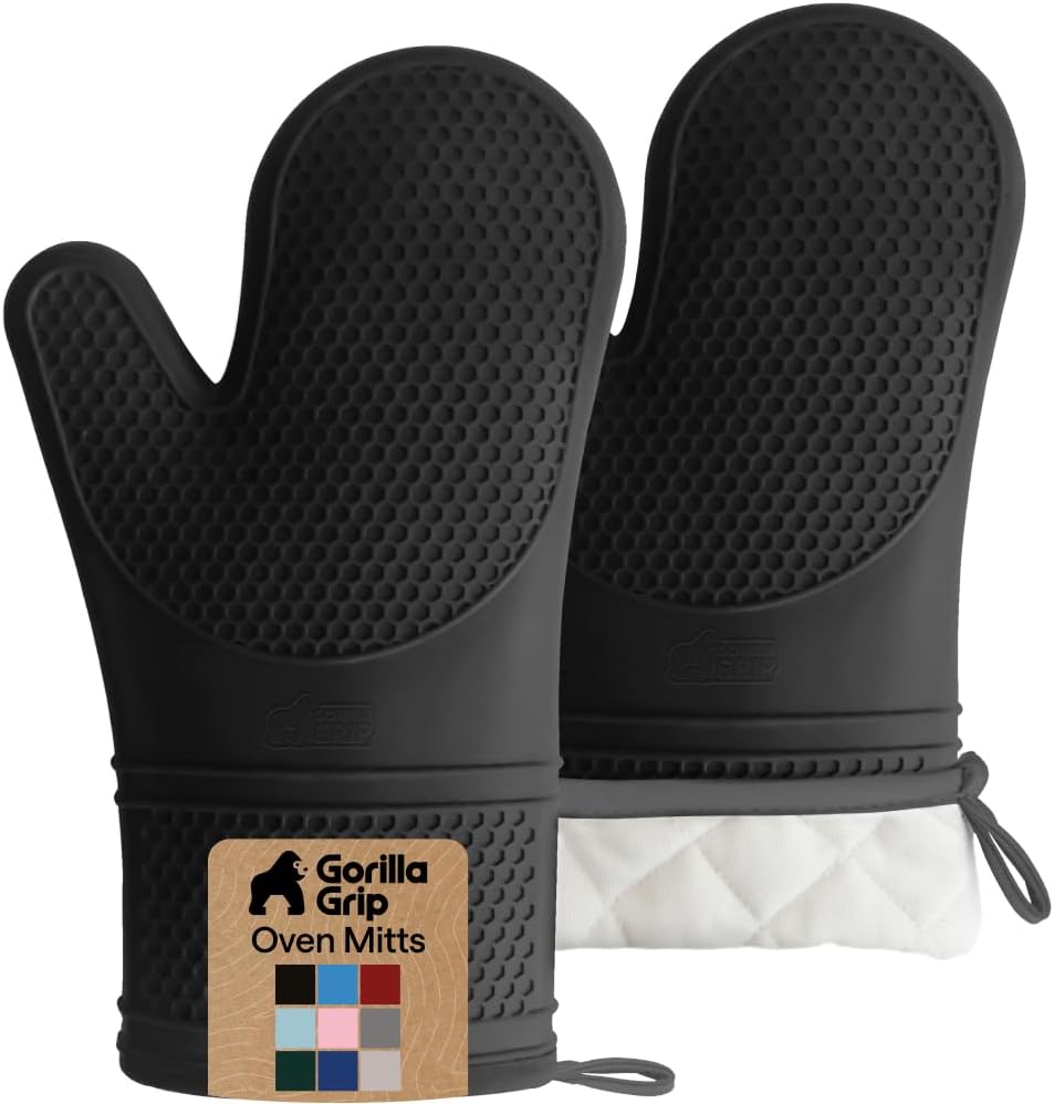 GORILLA GRIP Silicone Oven Mitts, 550F Heat Resistant, 12.5x8.3, Black