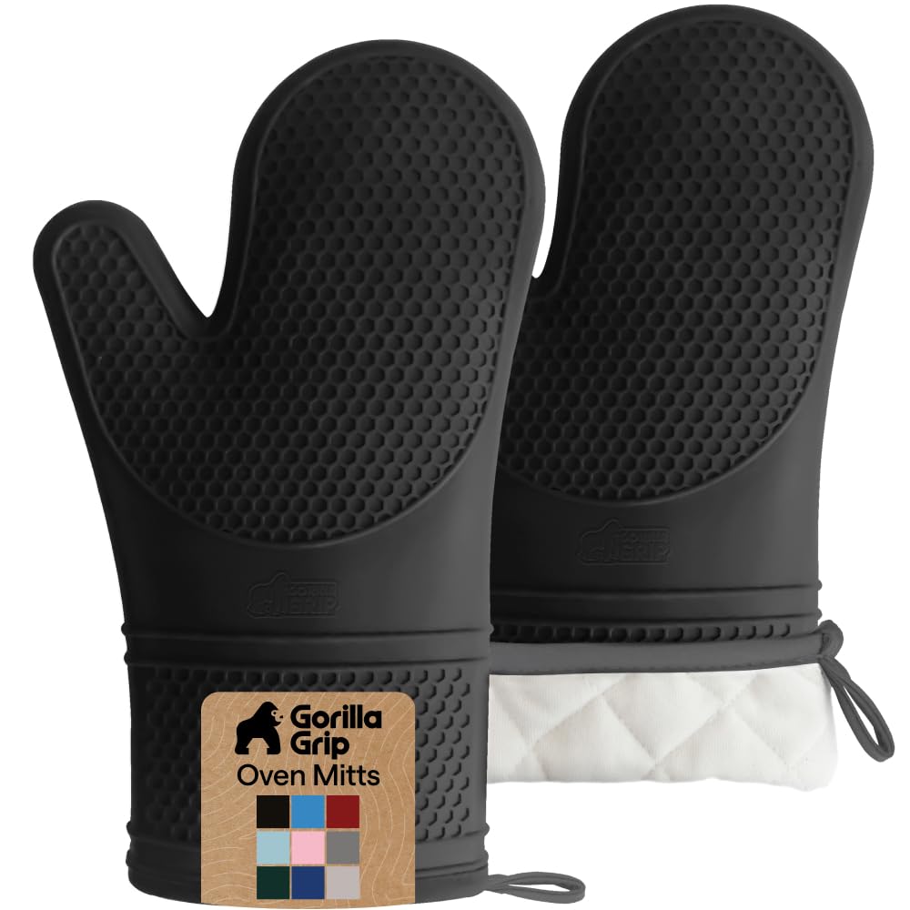 GORILLA GRIP Silicone Oven Mitts, 550F Heat Resistant, 12.5x8.3, Black