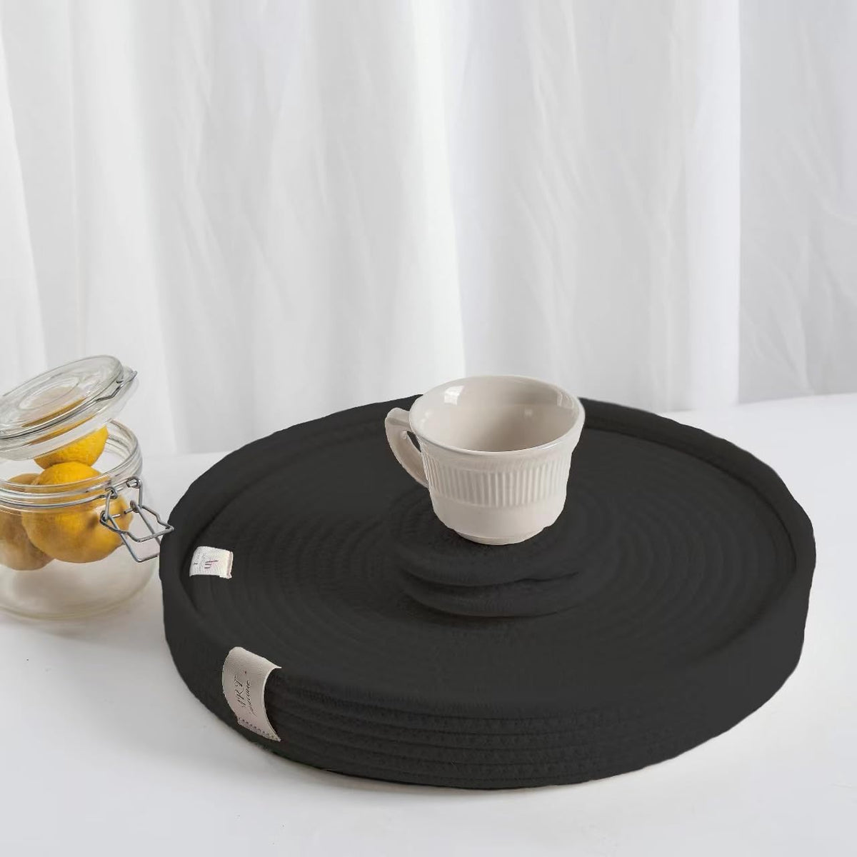 5-Piece Round Cotton Rope Placemats & Holder, Off White