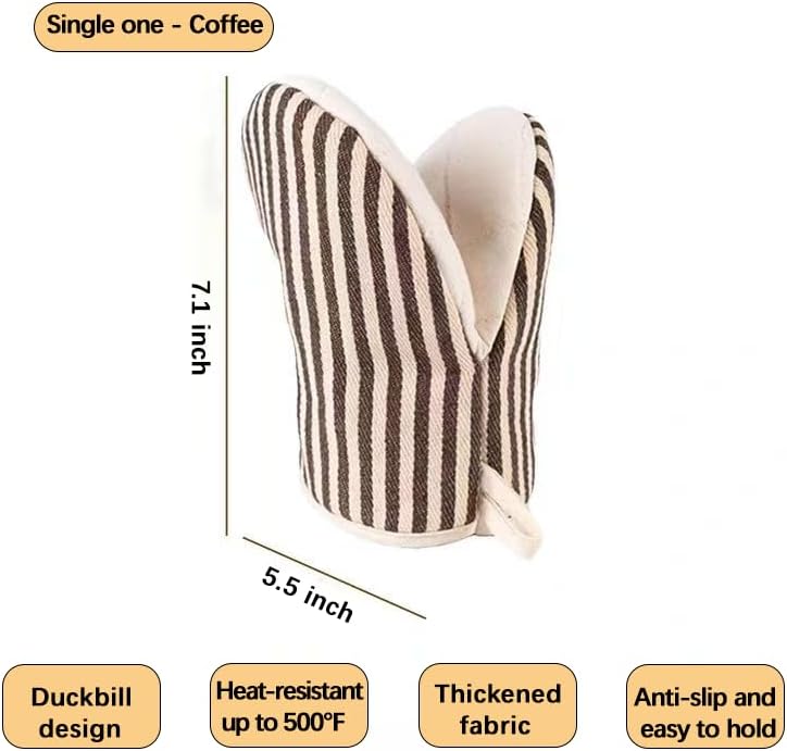 Heat Resistant Mini Oven Mitts 2-Pack - 500°F Heat Protection Cotton Striped Oven Gloves, Small Non-Slip Duckbill Design Mitt for Baking, Grilling, BBQ, Kitchen Pot Holders Set (5.5" x 7.1", Coffee)