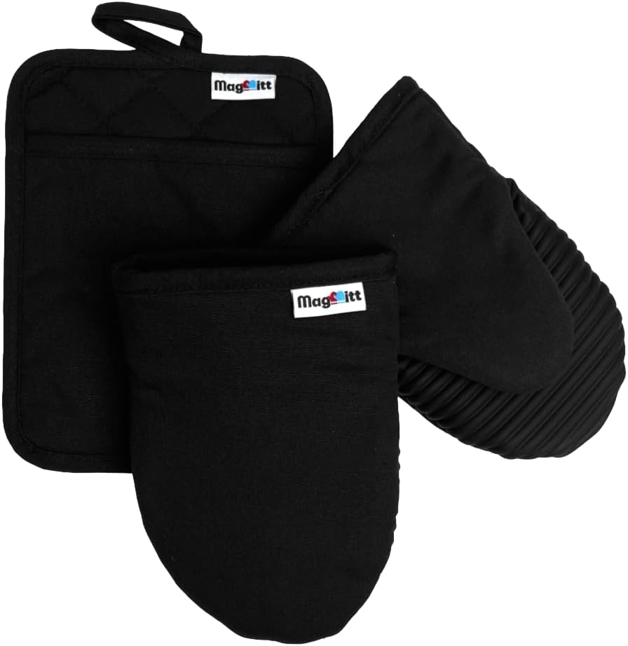 MagMitt Magnetic Oven Mitts & Pot Holder 3 Pc Set, High Heat Silicone Black