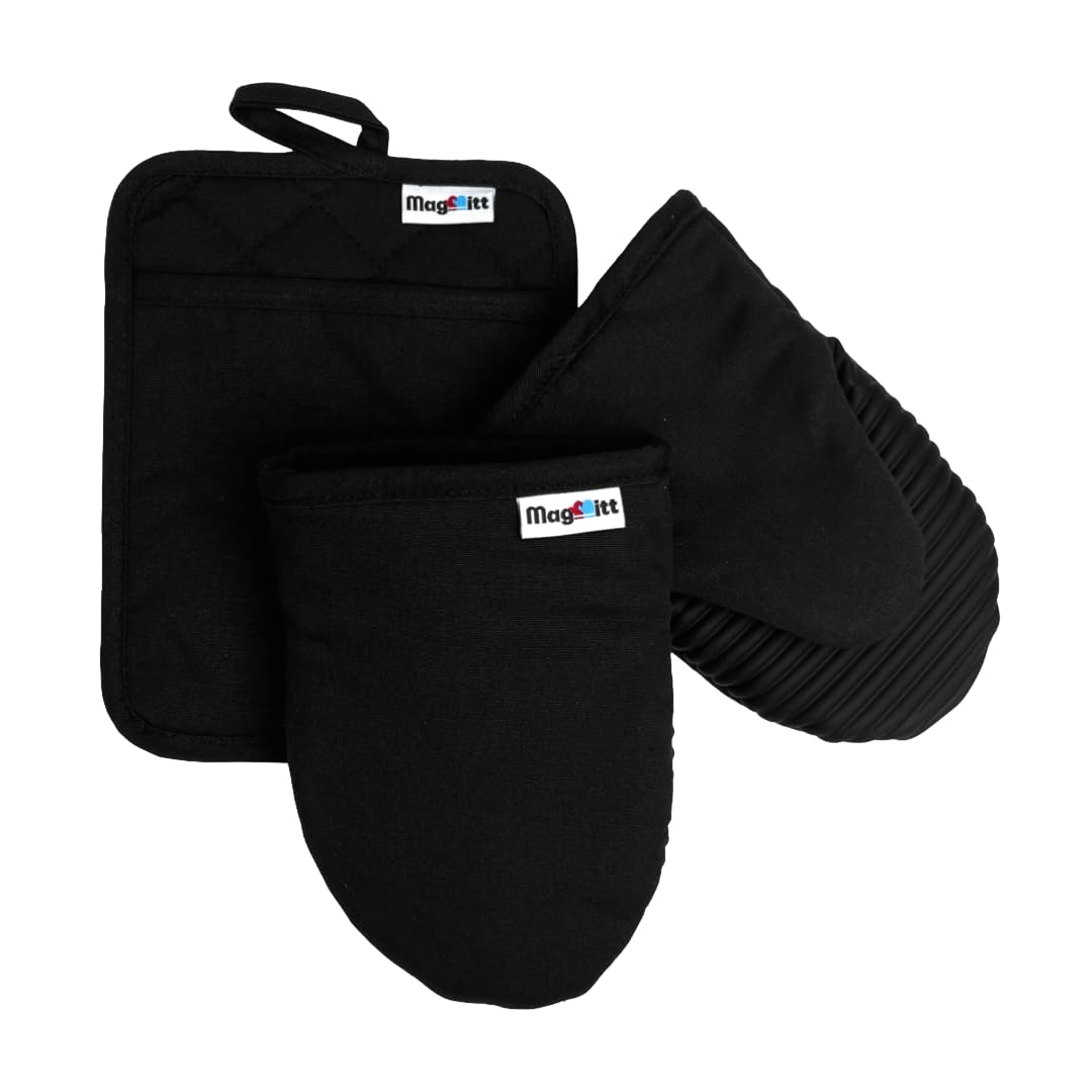 MagMitt Magnetic Oven Mitts & Pot Holder 3 Pc Set, High Heat Silicone Black