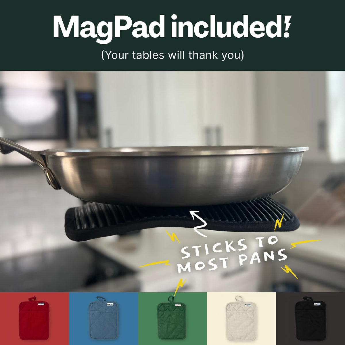 MagMitt Magnetic Oven Mitts & Pot Holder 3 Pc Set, High Heat Silicone Black