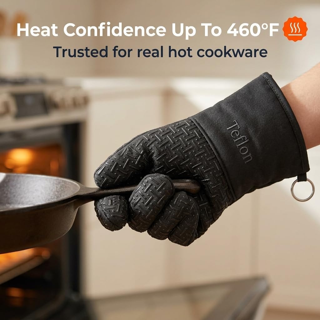 Xlnt Extra Long Oven Mitts (Black) | Teflon EcoElite Water Repellent | Heat Resistant for Oven Cooking, Grill & BBQ | Non Slip Gloves with Teflon EcoElite Finish, Cotton Lining & Hanging Loop