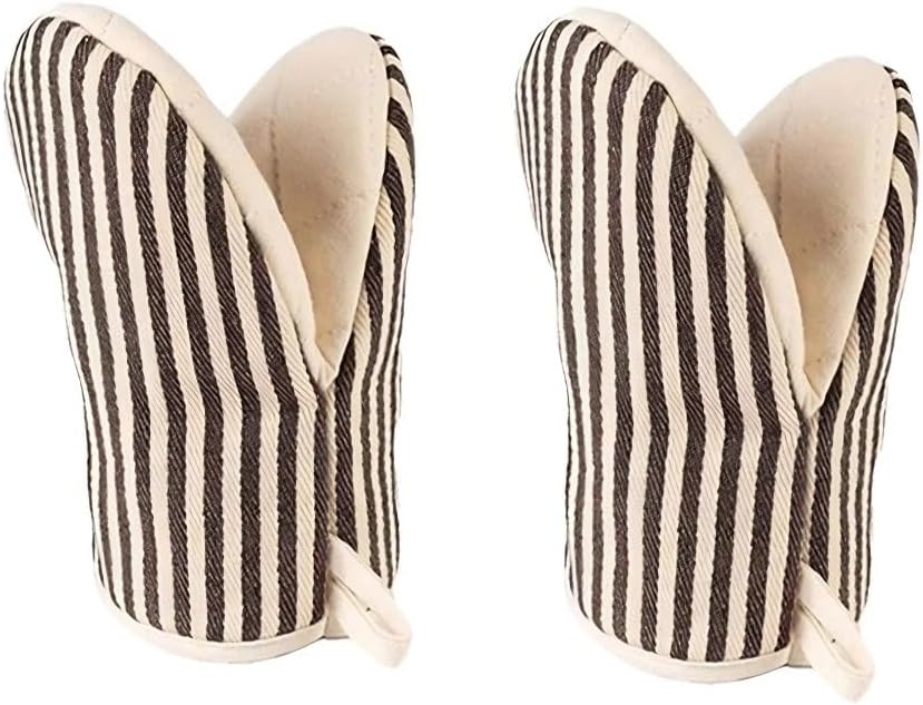 Heat Resistant Mini Oven Mitts 2-Pack - 500°F Heat Protection Cotton Striped Oven Gloves, Small Non-Slip Duckbill Design Mitt for Baking, Grilling, BBQ, Kitchen Pot Holders Set (5.5" x 7.1", Coffee)