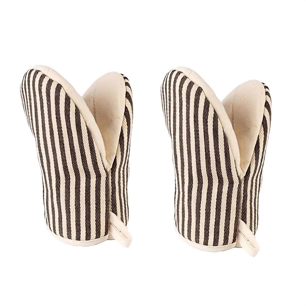 Heat Resistant Mini Oven Mitts 2-Pack - 500°F Heat Protection Cotton Striped Oven Gloves, Small Non-Slip Duckbill Design Mitt for Baking, Grilling, BBQ, Kitchen Pot Holders Set (5.5" x 7.1", Coffee)