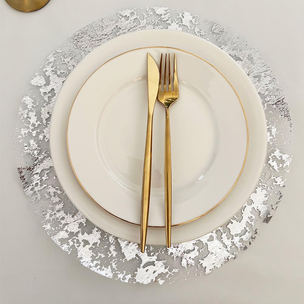 Gold Disposable Placemats 13 Inch Metallic Foil Round Gold Doiliesof 50 Set Charge Place Mats Pressed for Home Decoration Dining Table Wedding Birthday Party