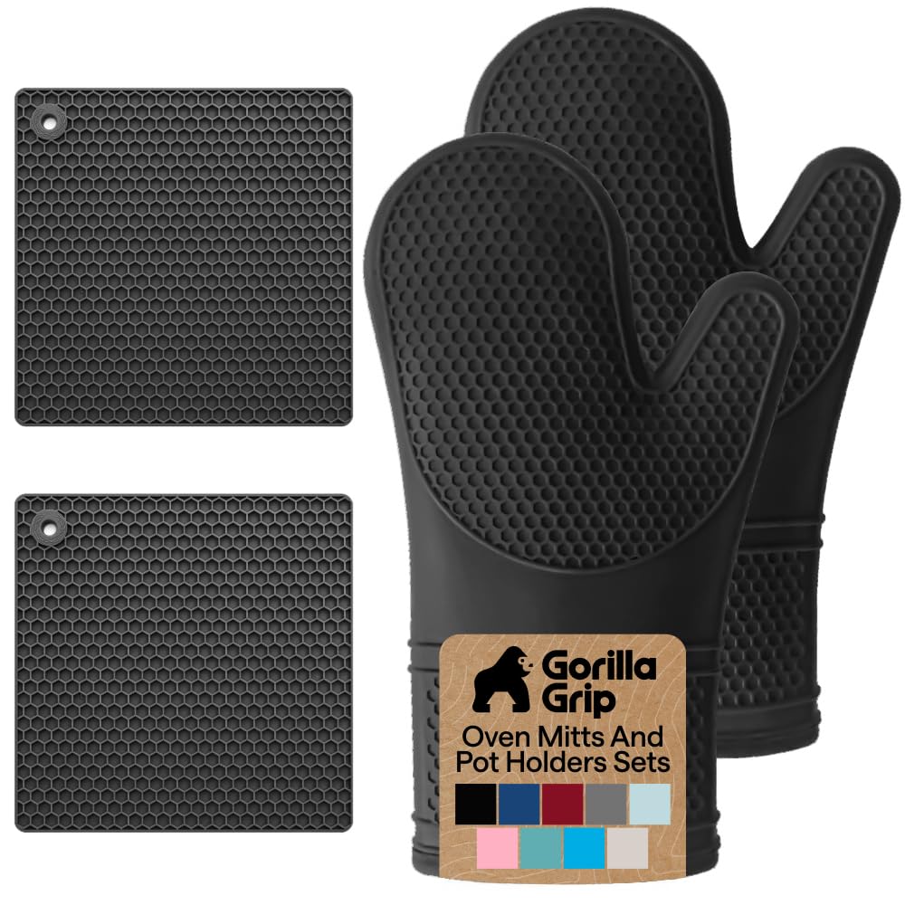 GORILLA GRIP Silicone Oven Mitts, 550F Heat Resistant, 12.5x8.3, Black