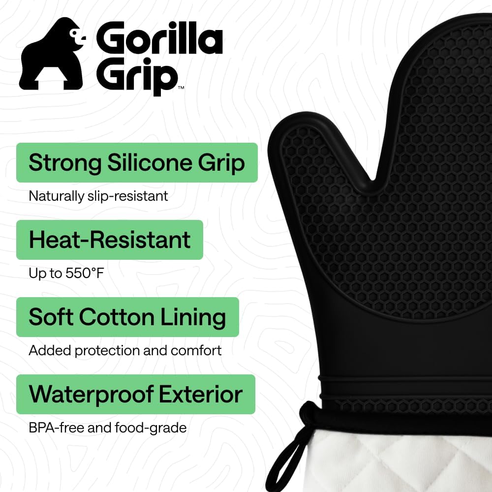 GORILLA GRIP Silicone Oven Mitts, 550F Heat Resistant, 12.5x8.3, Black