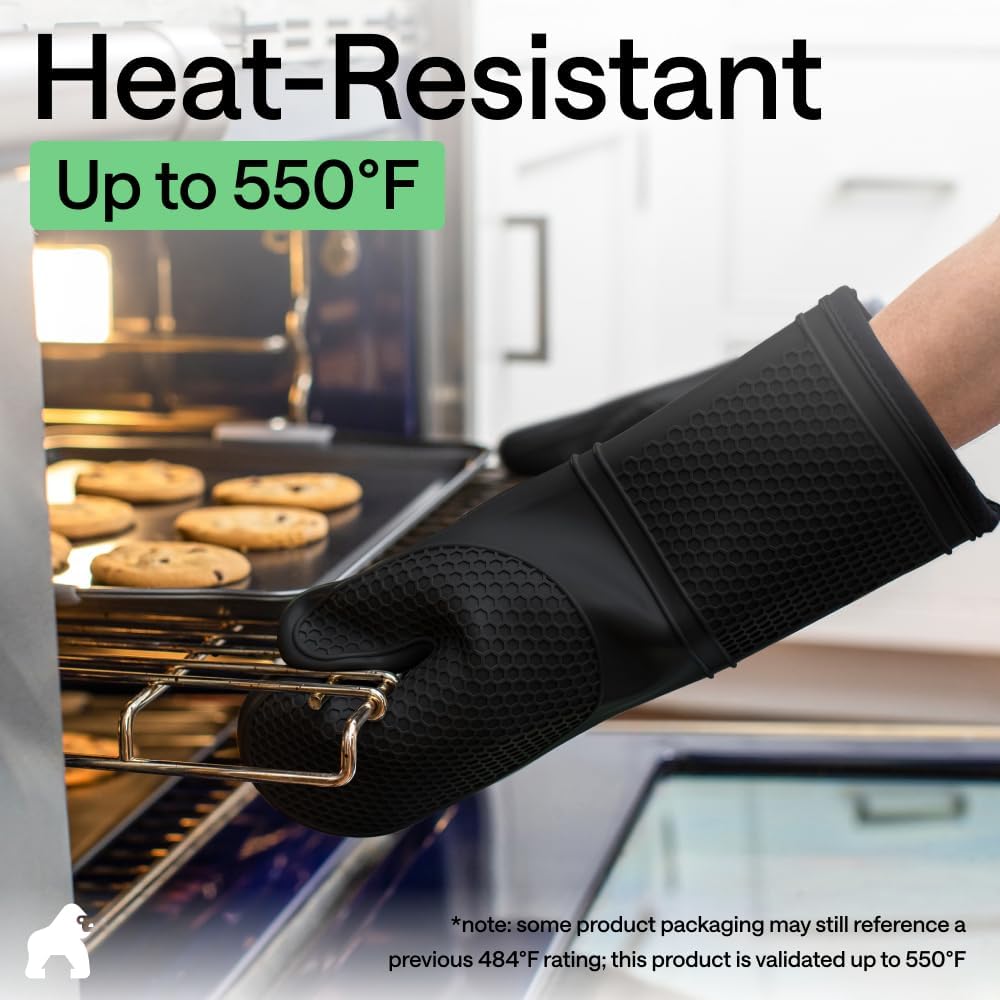 GORILLA GRIP Silicone Oven Mitts, 550F Heat Resistant, 12.5x8.3, Black