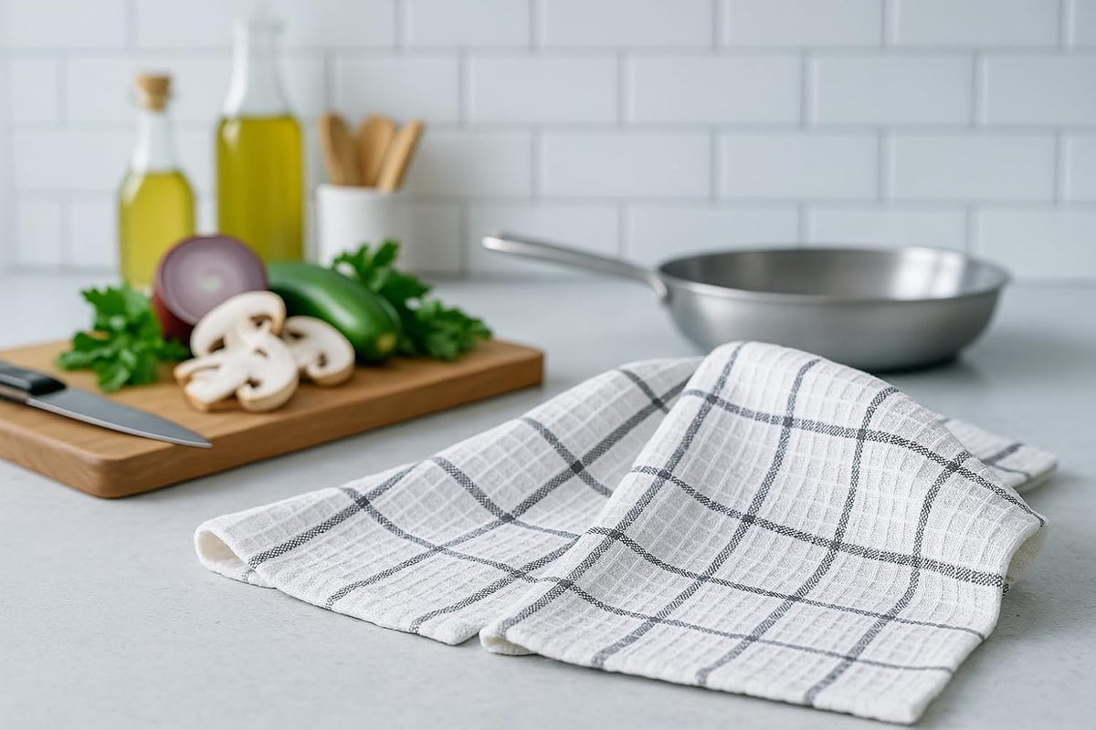 DecorRack Waffle Weave Kitchen Towels 15x25 in, Plaid, Gray (4 Pack)