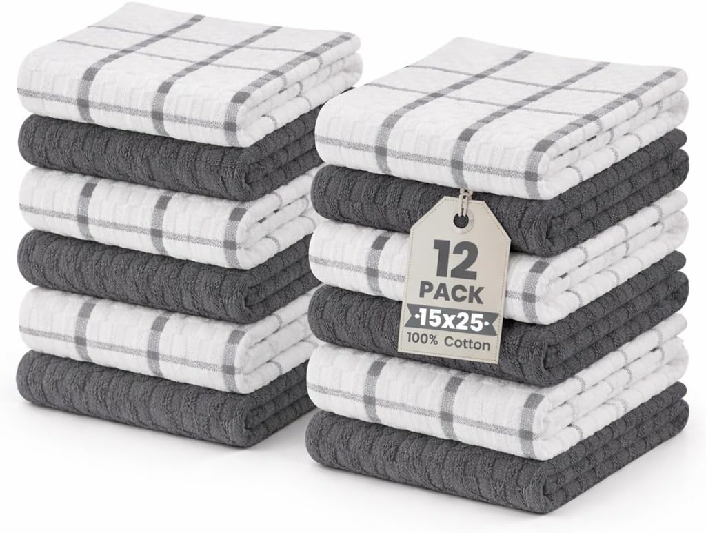 GOLD TEXTILES Kitchen Towels 12 Pack, Waffle Weave Cotton, 15x25in (Grey)