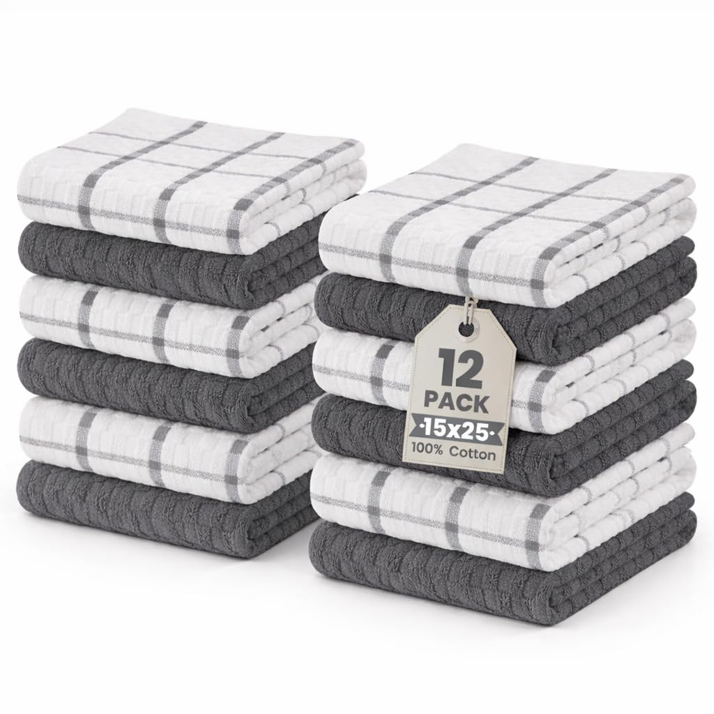 GOLD TEXTILES Kitchen Towels 12 Pack, Waffle Weave Cotton, 15x25in (Grey)