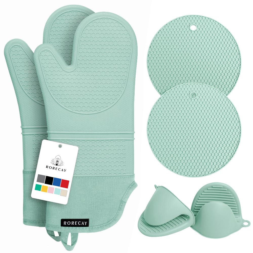 RORECAY Silicone Oven Mitts and Pot Holders Sets, Gloves for Kitchen, Beige