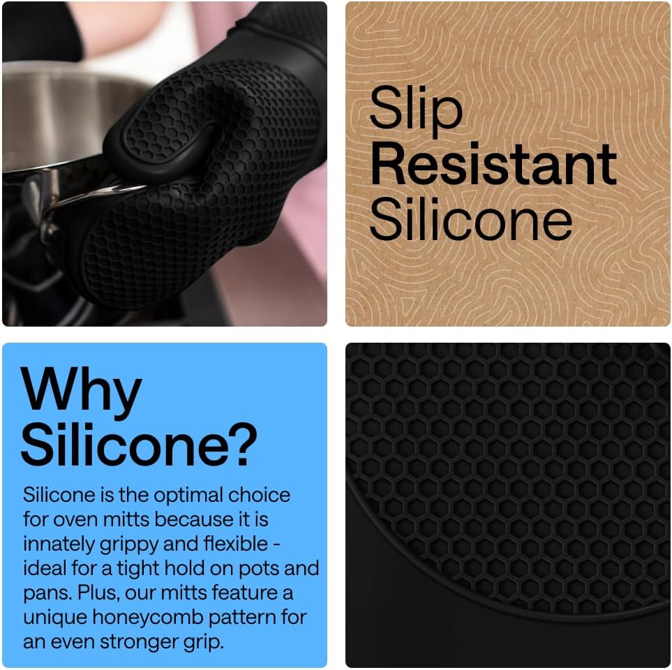 GORILLA GRIP Silicone Oven Mitts, 550F Heat Resistant, 12.5x8.3, Black