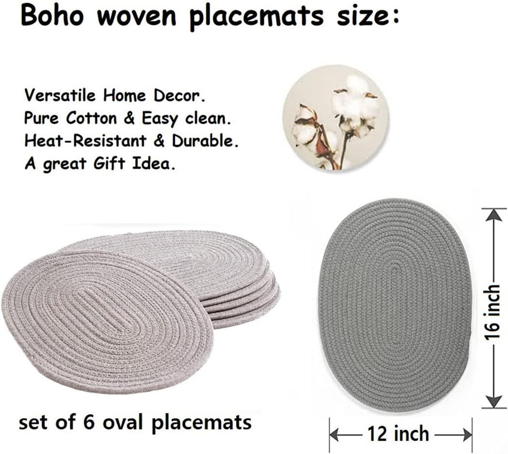 6 Pack Woven Placemats, 12x16 inches Gray Oval Plate Charger Cotton Heat Resistant Non-Slip Weave Place mats Farmhouse Straw Braided Rattan Tablemats Wicker Placemats for Dining Table