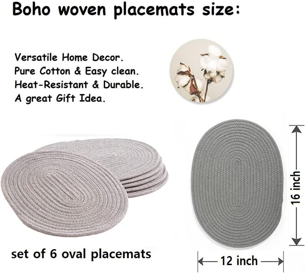 6 Pack Woven Placemats, 12x16 inches Gray Oval Plate Charger Cotton Heat Resistant Non-Slip Weave Place mats Farmhouse Straw Braided Rattan Tablemats Wicker Placemats for Dining Table
