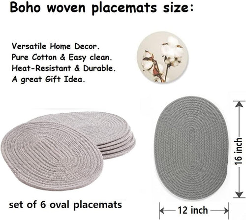 6 Pack Woven Placemats, 12x16 inches Gray Oval Plate Charger Cotton Heat Resistant Non-Slip Weave Place mats Farmhouse Straw Braided Rattan Tablemats Wicker Placemats for Dining Table