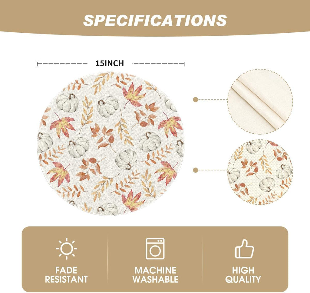 Artoid Mode Orange Pumpkins Fall Maple Leaves Round Fall Placemats Set of 4, 14 Inch Seasonal Autumn Round Table Mats for Dining Decoration
