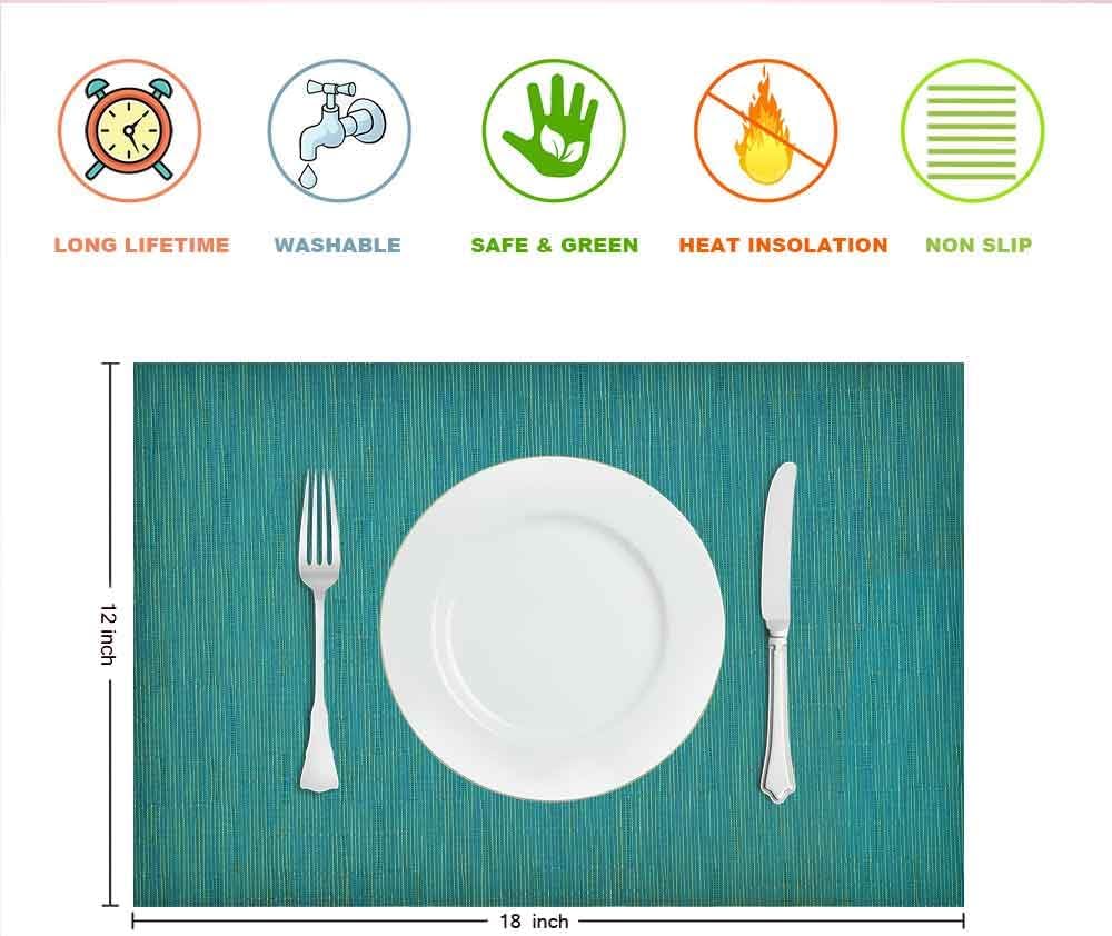 GIVERARE Placemats Set of 4, Heat-Resistant Woven Vinyl Placemat, Non-Slip Washable PVC Table Mat, Easy to Clean Premium Plastic Mats for Dining, Kitchen Table (Turquoise)