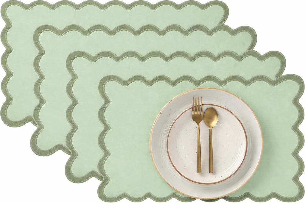Folkulture Placemats Set of 4, Scalloped, Cute Sage Green - (13x19 Inch)