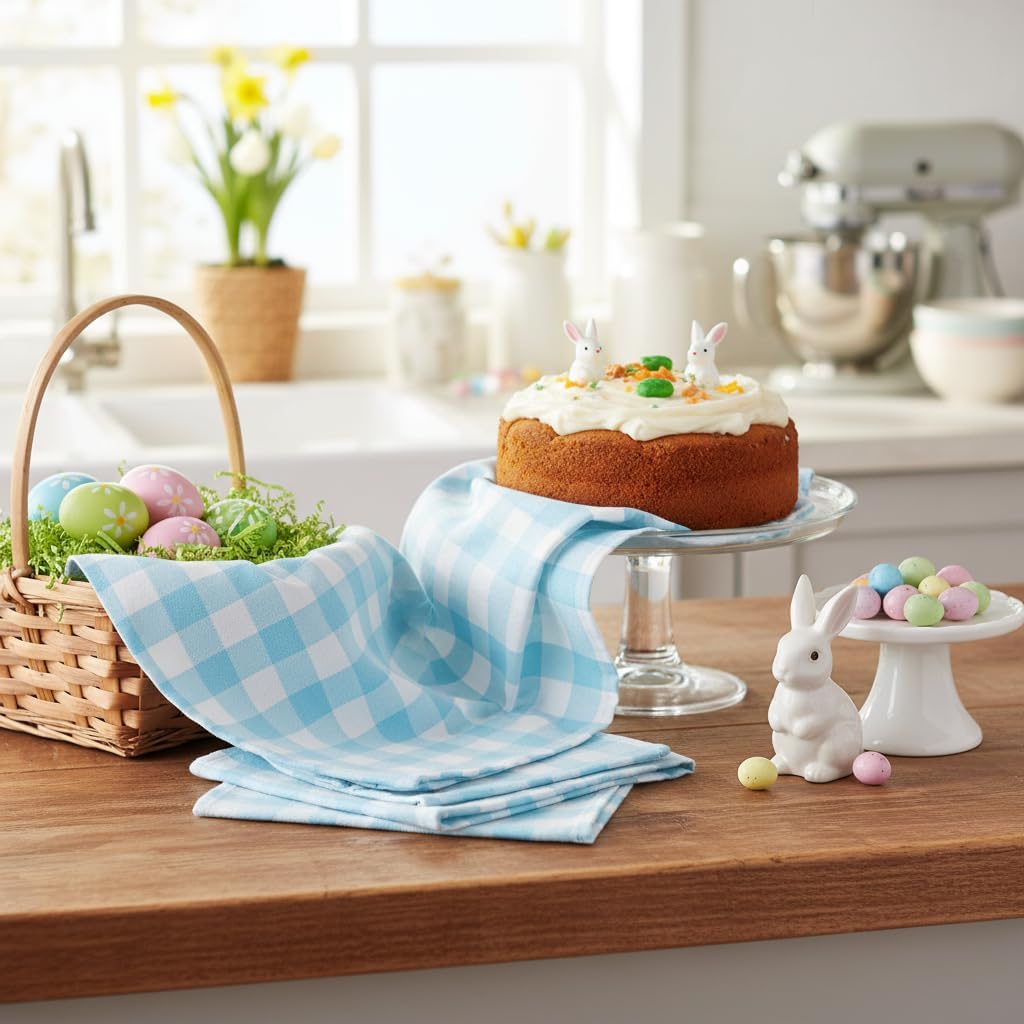 Aqua 6 Pack Large Cotton Tea Towels - 30" x 20" with Hanging Loop - Highly Absorbent, Lint-Free, Washable Teal Kitchen Towels - Plaid Pattern