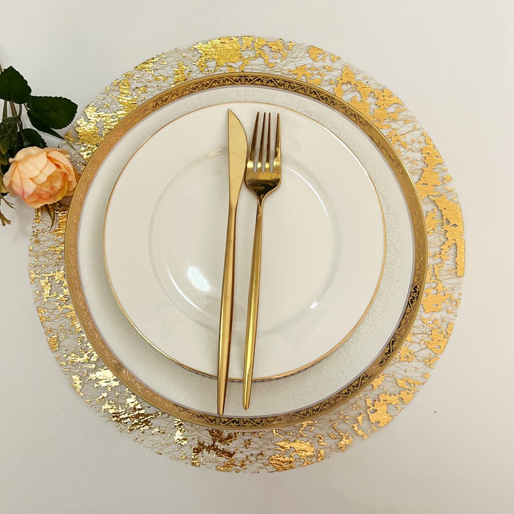 Gold Disposable Placemats 13 Inch Metallic Foil Round Gold Doiliesof 50 Set Charge Place Mats Pressed for Home Decoration Dining Table Wedding Birthday Party