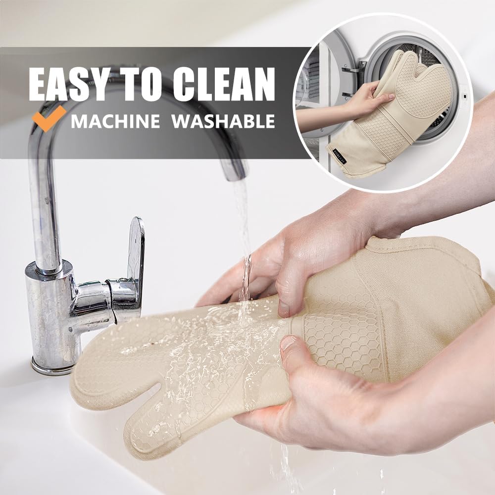 RORECAY Silicone Oven Mitts and Pot Holders Sets, Gloves for Kitchen, Beige