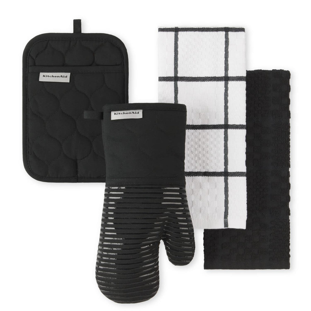 KITCHENAID Quilted Cotton Terry Cloth Oven Mitt, Pot Holder, Kitchen Towel 4-Pack Set, Heat Resistant, Silicone Grip, 16"x26", 7"x13" & 7"x10", Milkshake Tan
