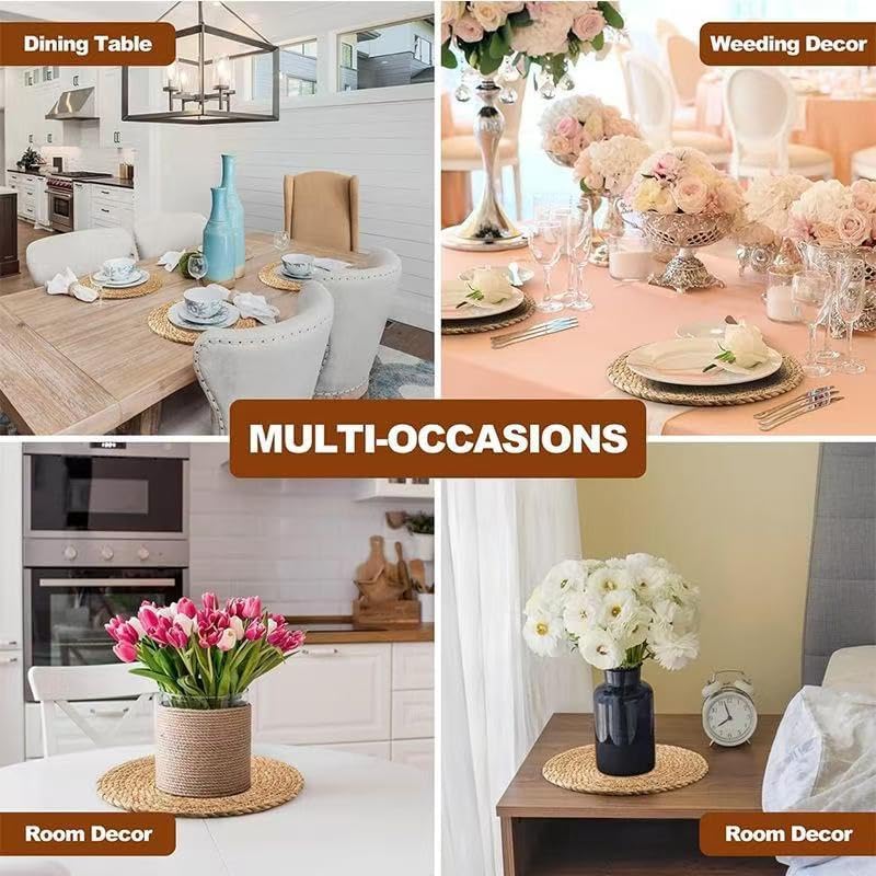 6Pcs 12" Round Woven Rattan Placemats,Natural Hand-Woven Water Hyacinth Placemats,Farmhouse Weave Place Mats,Rustic Braided Wicker Table Mats (12inch Set of 6)