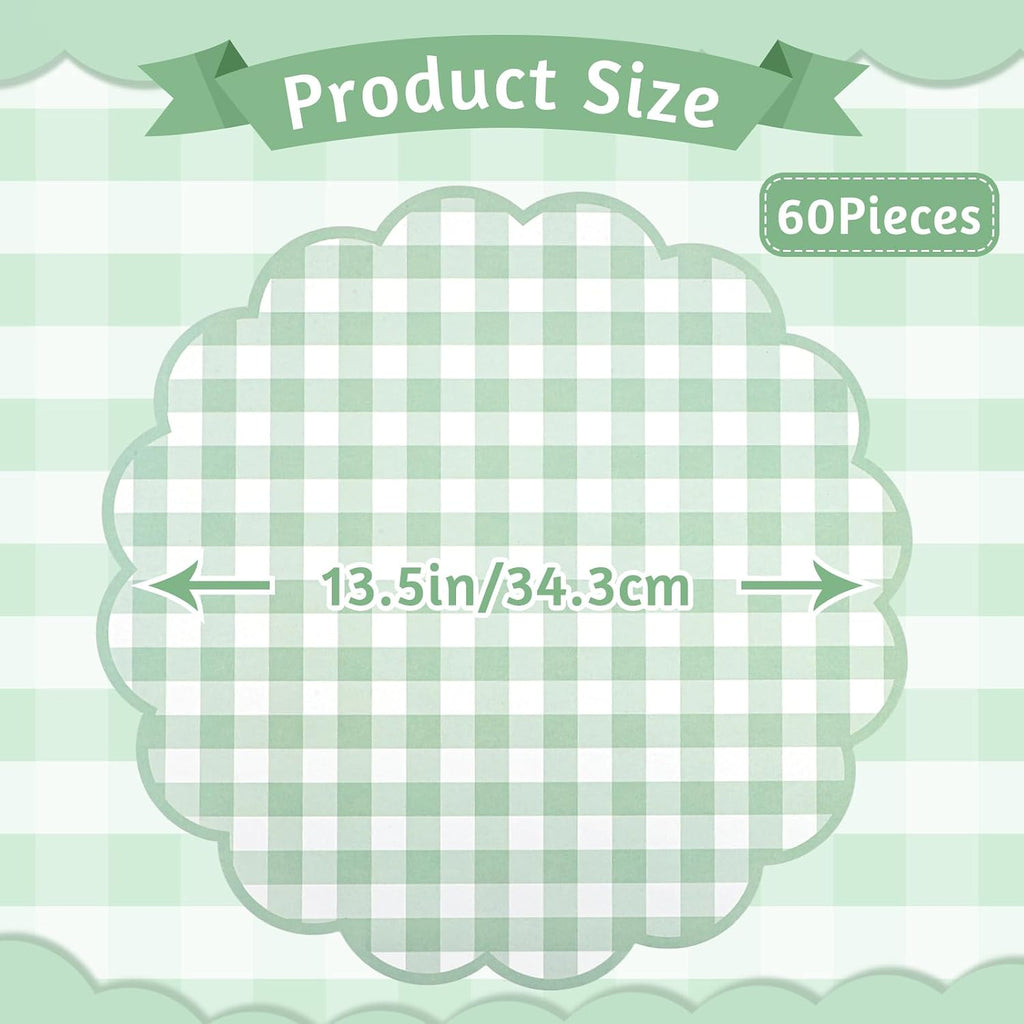 60 Pcs Sage Green Gingham Paper Placemats, Scalloped Checkered Place Mats