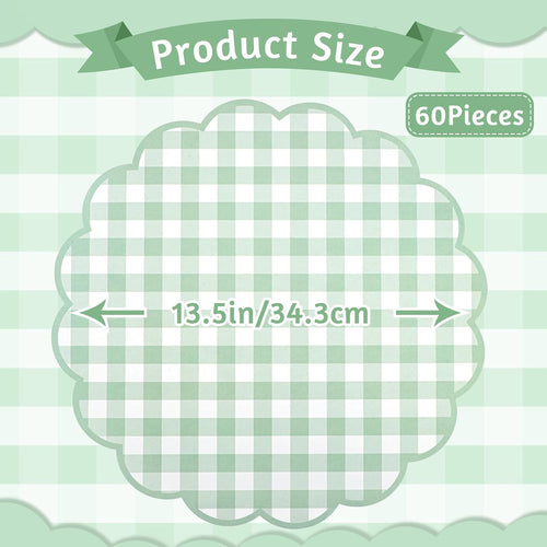 60 Pcs Sage Green Gingham Paper Placemats, Scalloped Checkered Place Mats