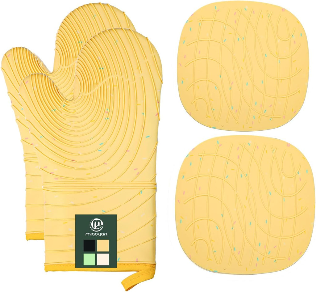 Oven Mitts and Pot Holders 4 pcs Set,High Heat Resistant 500 Degree Extra Thicken Long Kitchen Cotton Oven Glove for Cooking (12 Inch,Yellow)