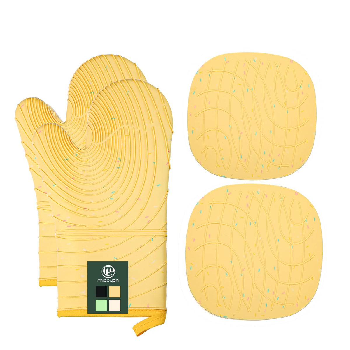 Oven Mitts and Pot Holders 4 pcs Set,High Heat Resistant 500 Degree Extra Thicken Long Kitchen Cotton Oven Glove for Cooking (12 Inch,Yellow)
