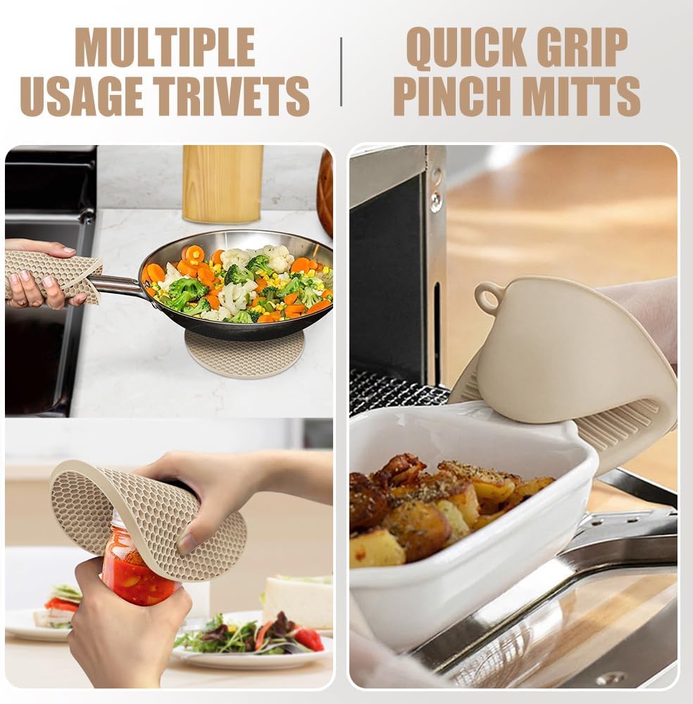RORECAY Silicone Oven Mitts and Pot Holders Sets, Gloves for Kitchen, Beige