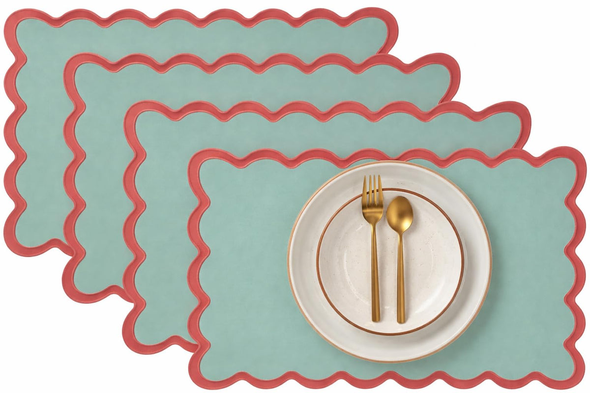 Folkulture Placemats Set of 4, Scalloped, Cute Sage Green - (13x19 Inch)