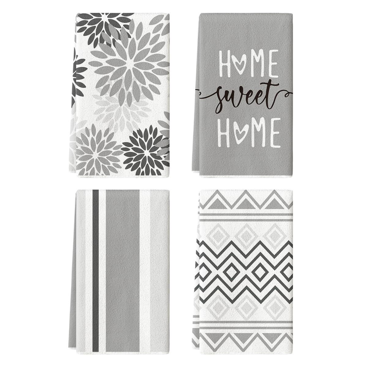 Artoid Mode Grey Home Sweet Home Stripes Boho Spring Kitchen Towels Dish Towels, 18x26 Inch Farmhouse Summer Decoration Hand Towels Set of 4