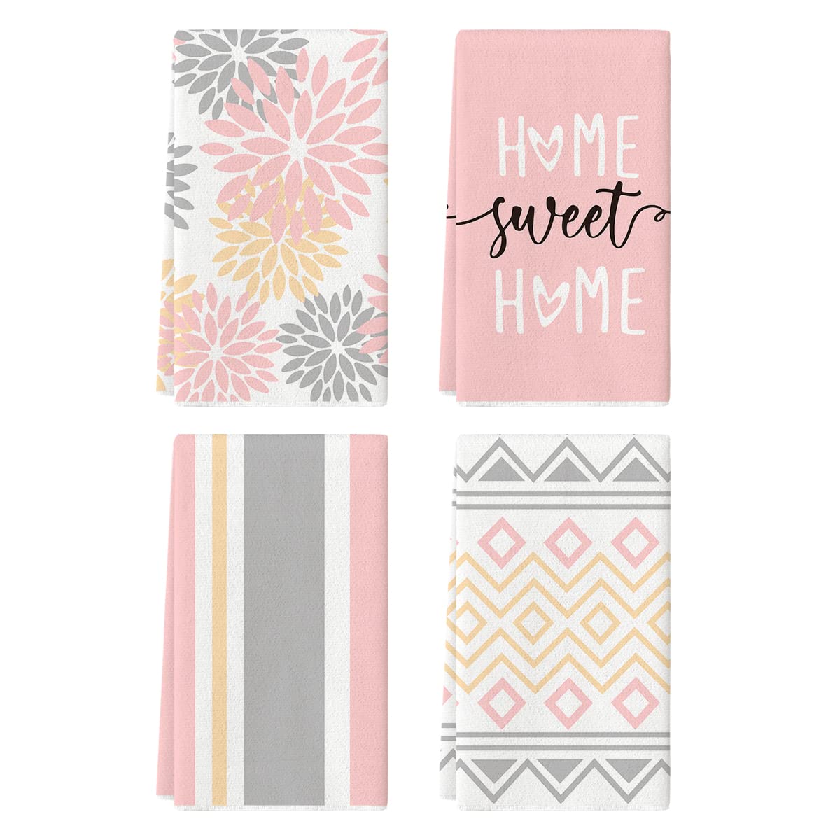 Artoid Mode Grey Home Sweet Home Stripes Boho Spring Kitchen Towels Dish Towels, 18x26 Inch Farmhouse Summer Decoration Hand Towels Set of 4