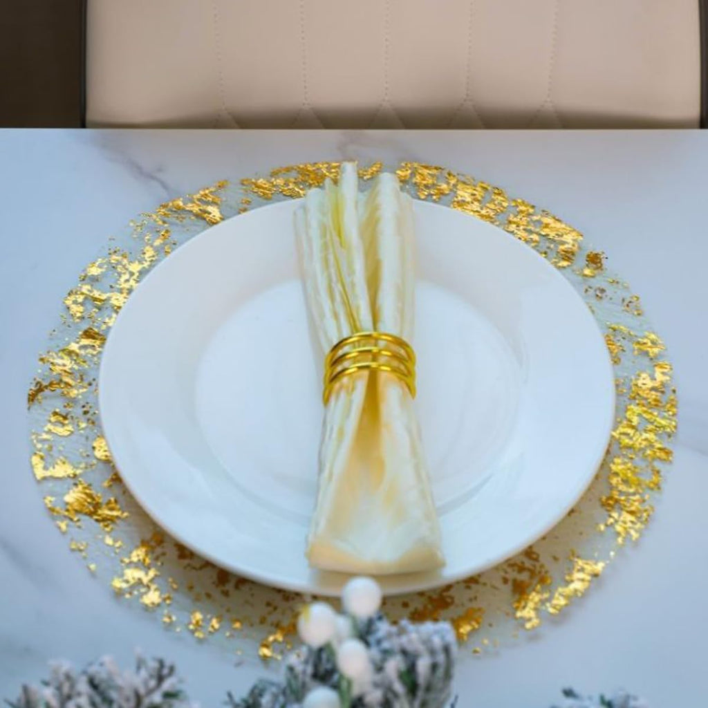 Snowkingdom Gold Placemats Set of 24 Round 13 Inch Foil Mesh Pressed Fall Disposable Table Mates 24 Pack Gold Doilies for Dining Table Wedding Birthday Party Holiday Home Decoration