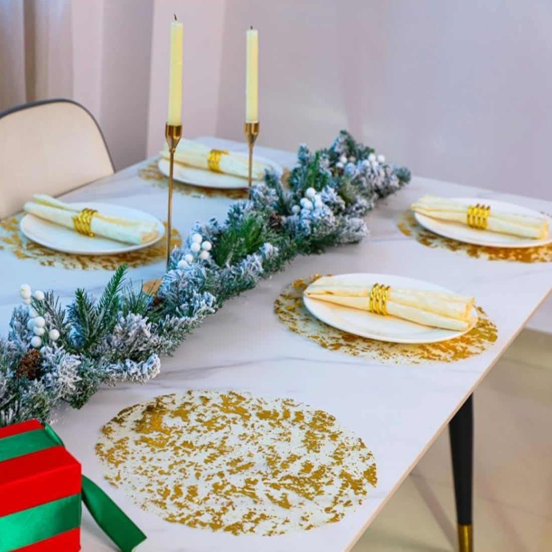 Snowkingdom Gold Placemats Set of 24 Round 13 Inch Foil Mesh Pressed Fall Disposable Table Mates 24 Pack Gold Doilies for Dining Table Wedding Birthday Party Holiday Home Decoration