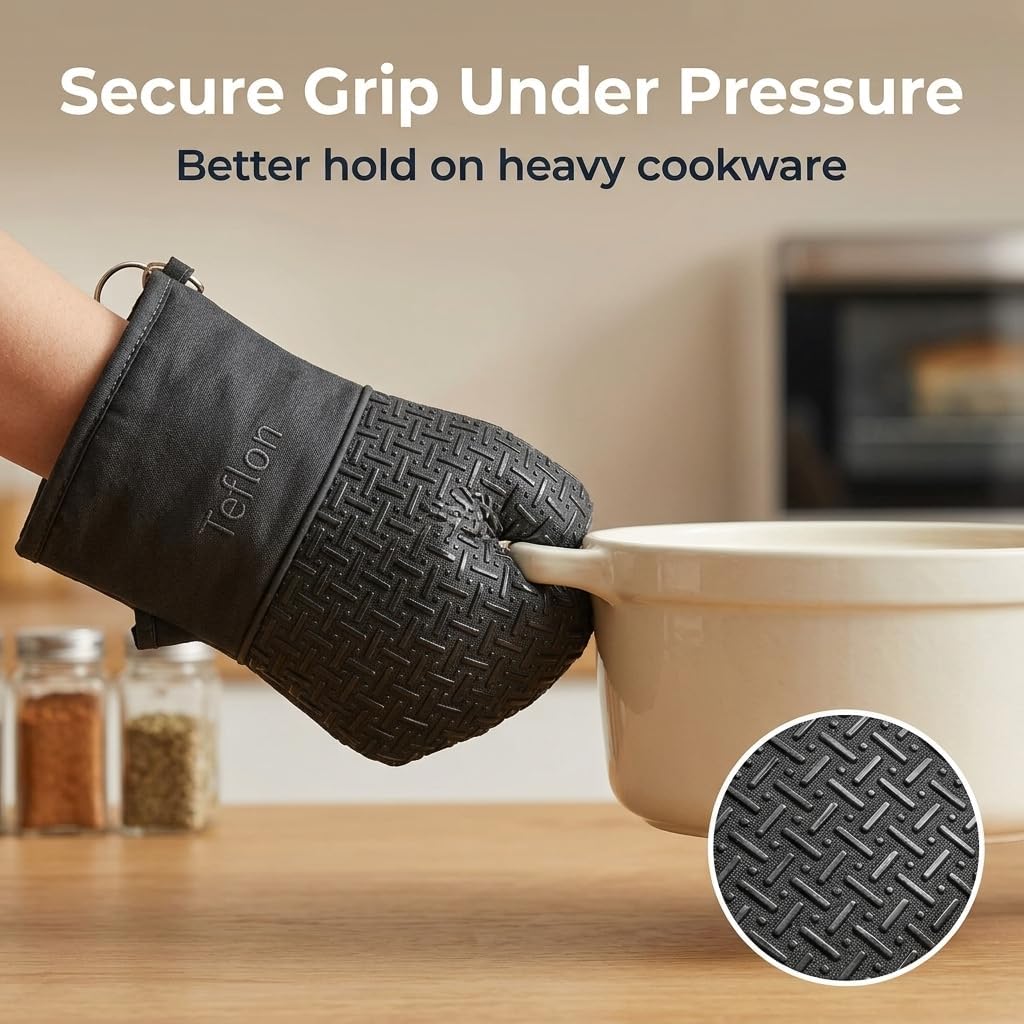 Xlnt Extra Long Oven Mitts (Black) | Teflon EcoElite Water Repellent | Heat Resistant for Oven Cooking, Grill & BBQ | Non Slip Gloves with Teflon EcoElite Finish, Cotton Lining & Hanging Loop