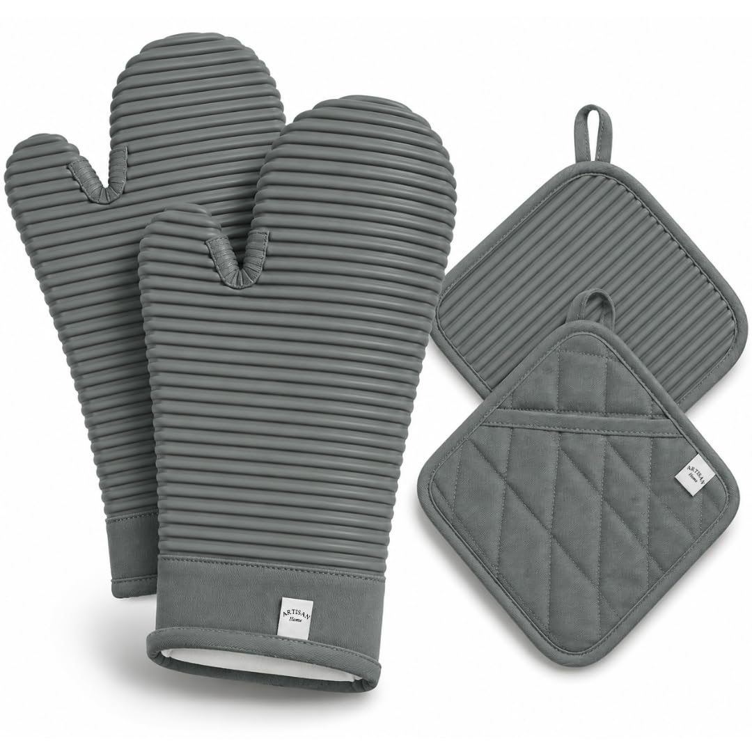 Extra Long Silicone Oven Mitts and Pot Holders Sets | Heat Resistant 500°F BPA-Free Food Grade Silicone Hot Pads & Kitchen Mittens | 4-Piece Set of Oven Gloves & Potholders for Kitchens.