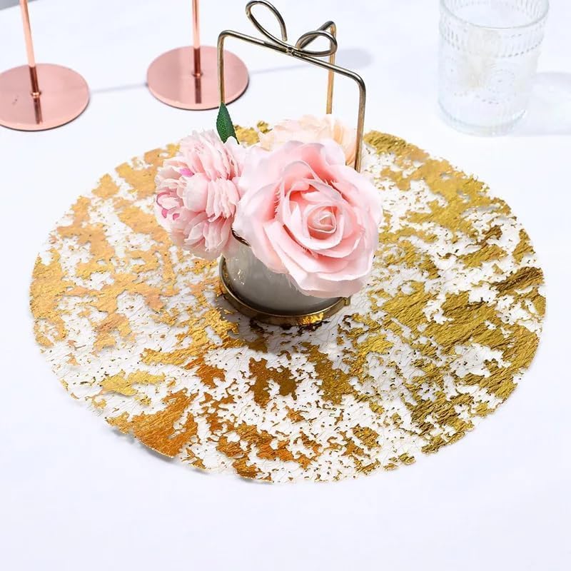 Gold Disposable Placemats 13 Inch Metallic Foil Round Gold Doiliesof 50 Set Charge Place Mats Pressed for Home Decoration Dining Table Wedding Birthday Party