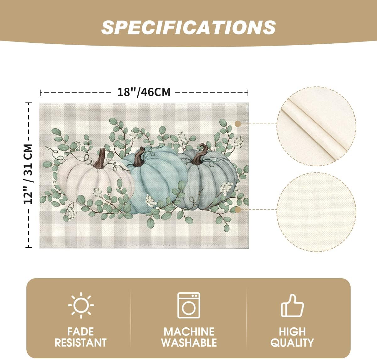 Artoid Mode Pumpkins Eucalyptus Leaves Fall Placemats Set of 4, 12x18 Inch Autumn Thanksgiving Harvest Vintage Table Mat for Party Dining Decoration