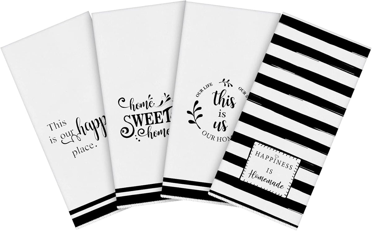 Honoson 4 Pack Black Stripe Kitchen Towels with Home Sweet Home Print