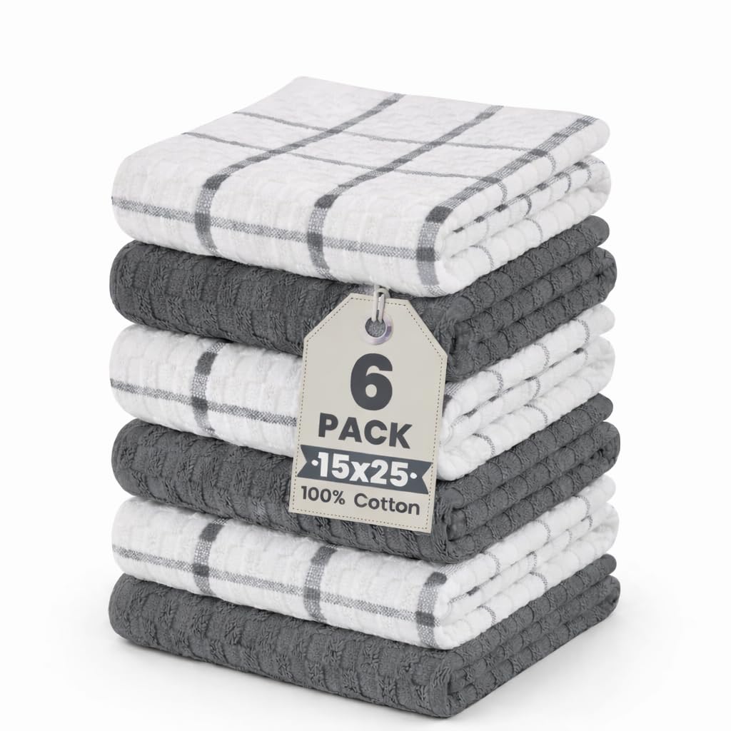 GOLD TEXTILES Kitchen Towels 12 Pack, Waffle Weave Cotton, 15x25in (Grey)