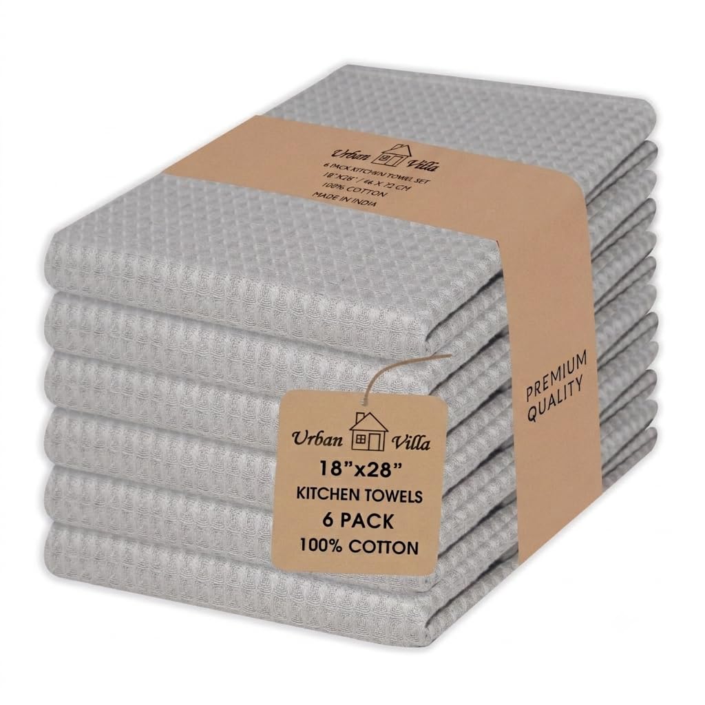 Urban Villa Kitchen Towels Cotton Dish Towels 12”x12” (Set of 8) Grey White