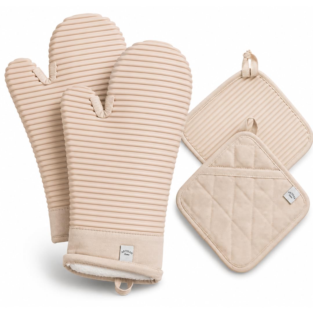 Extra Long Silicone Oven Mitts and Pot Holders Sets | Heat Resistant 500°F BPA-Free Food Grade Silicone Hot Pads & Kitchen Mittens | 4-Piece Set of Oven Gloves & Potholders for Kitchens.