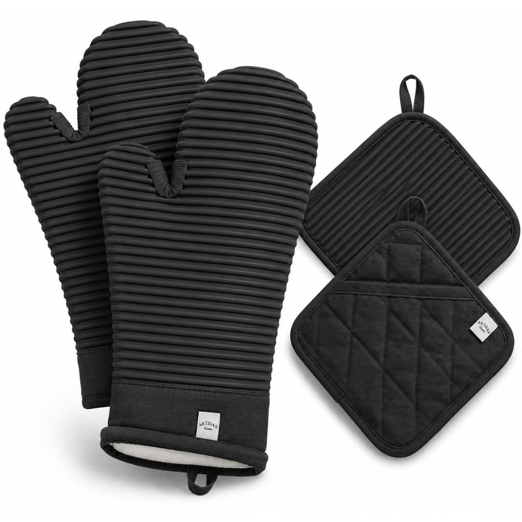 Extra Long Silicone Oven Mitts and Pot Holders Sets | Heat Resistant 500°F BPA-Free Food Grade Silicone Hot Pads & Kitchen Mittens | 4-Piece Set of Oven Gloves & Potholders for Kitchens.